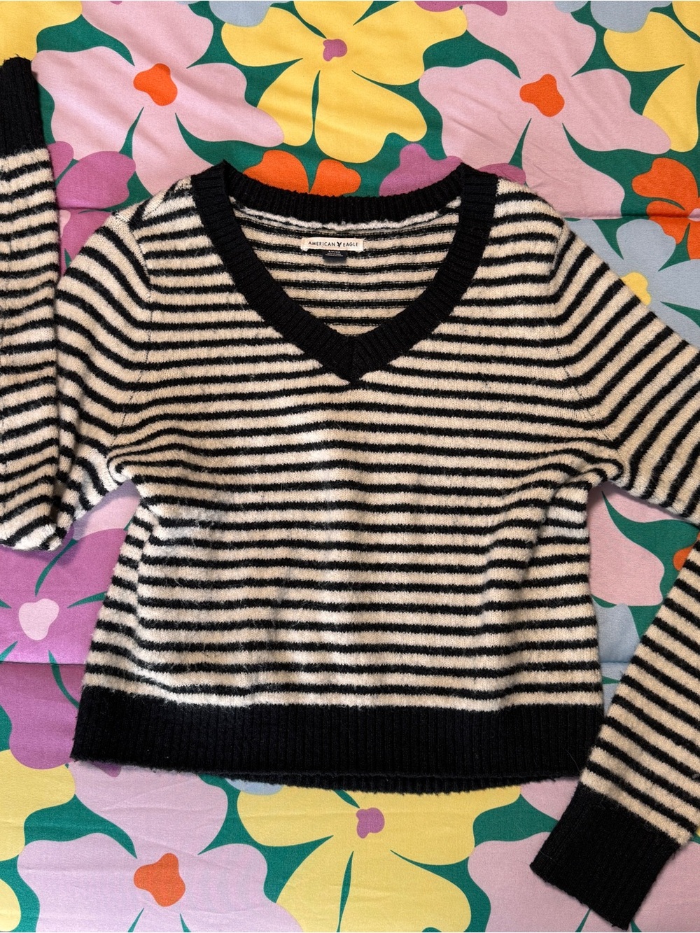 American Eagle Outfitters Oh So Soft Striped V-Neck Sweater